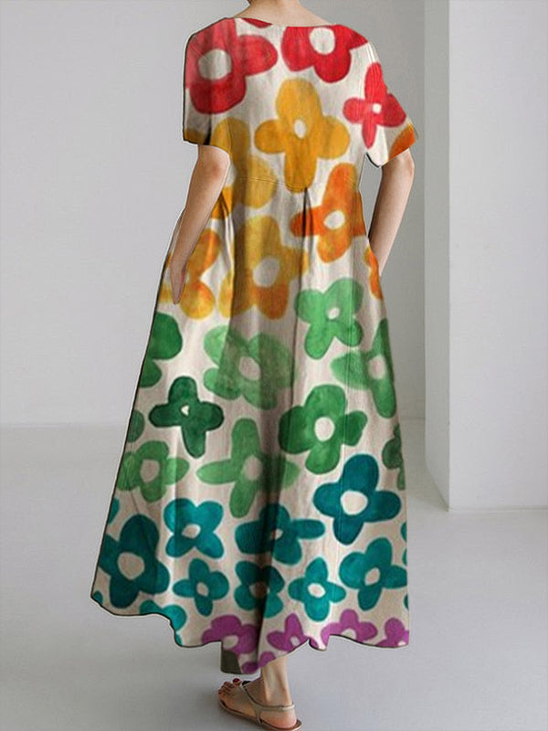 Colorful Floral Women's Linen and Cotton Dress