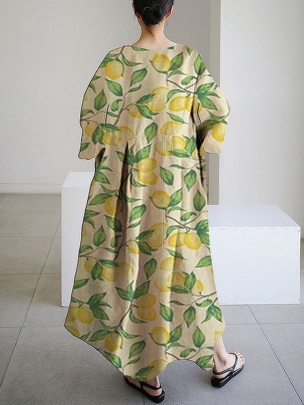 Lemon Green Leaves Women's Linen and Cotton Dress