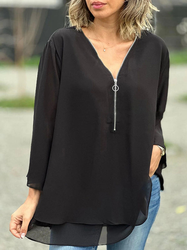 Thick Sole Double Chiffon Zip-Up Top