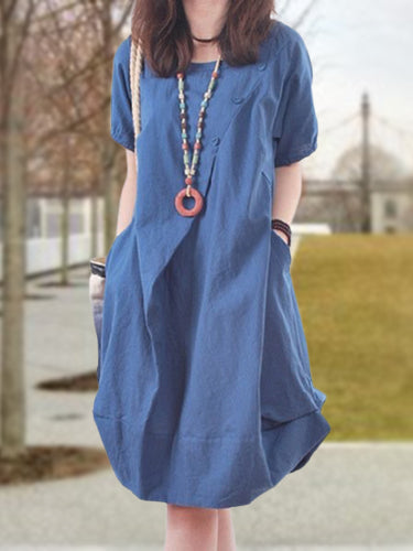 Casual Pleated Crew Neck Dress