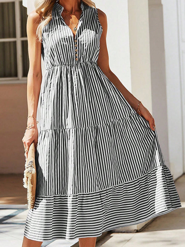 New Striped V-Neck Elastic Waist Dress