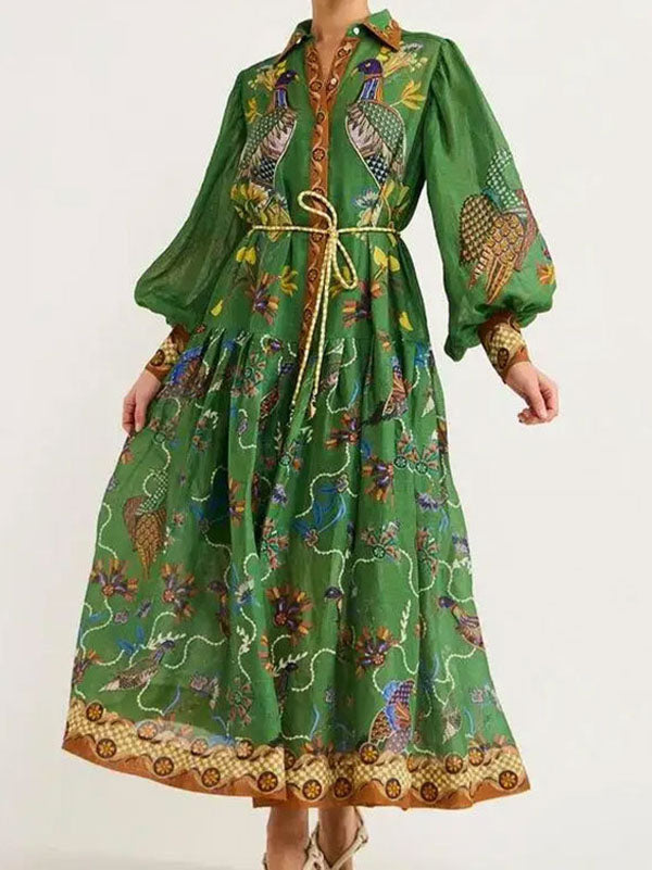 New Fashion Retro Lantern Sleeve Printed Dress