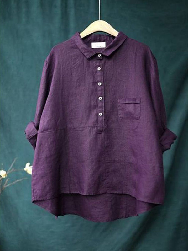 Women's Lapel Neck Casual Solid Colour Linen Cotton Long Sleeve Shirt