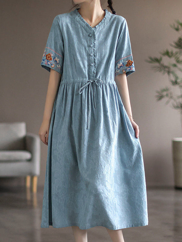 Embroidered Flower Half Sleeve Dress