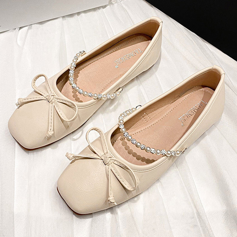 Square Toe Bow Pearl Rhinestone Chain Slip-On Shoes