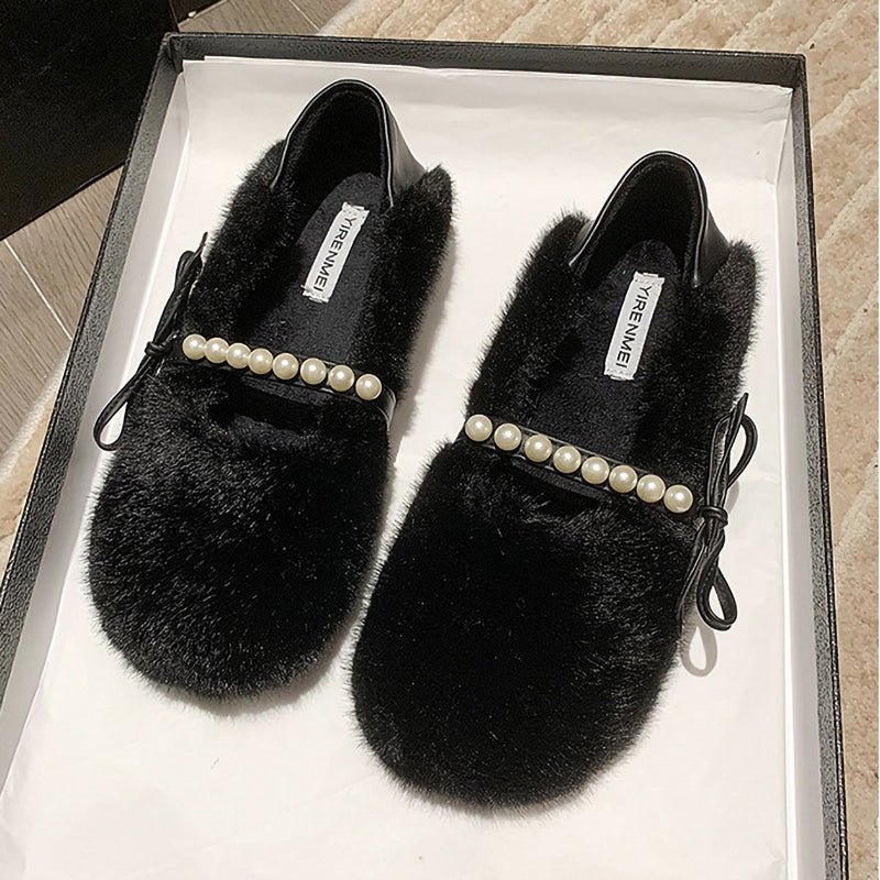 Plush Pearl Bow Round Toe Slip-On Shoes