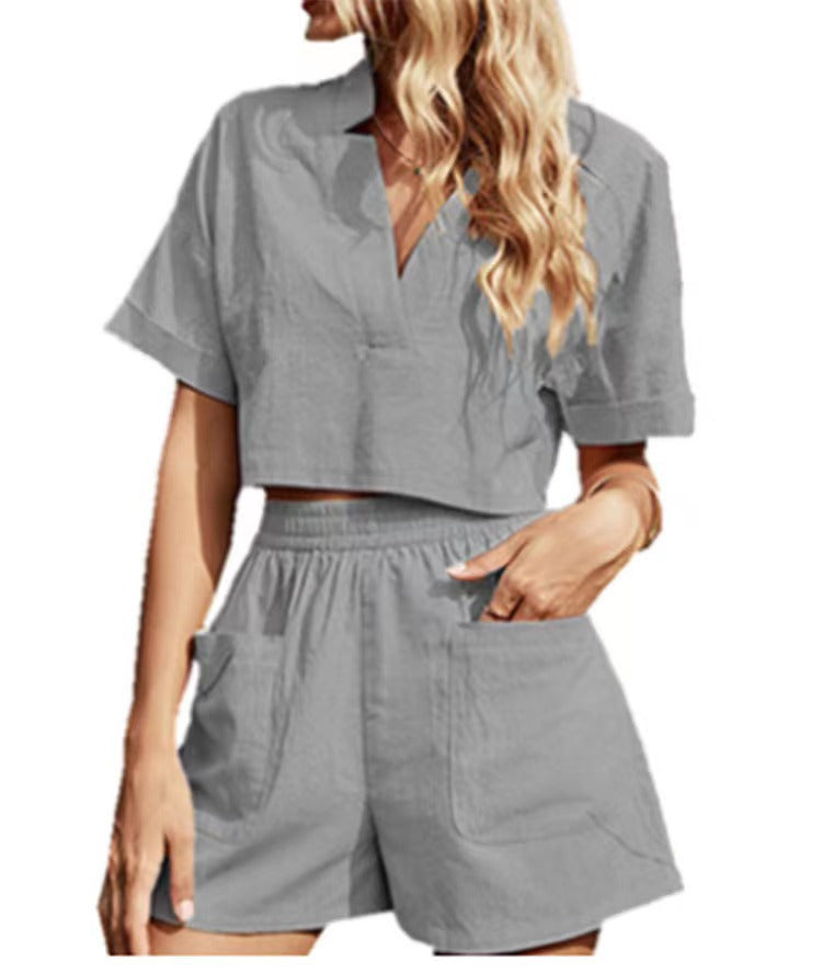 V-neck Solid Color Drop Shoulder Suit