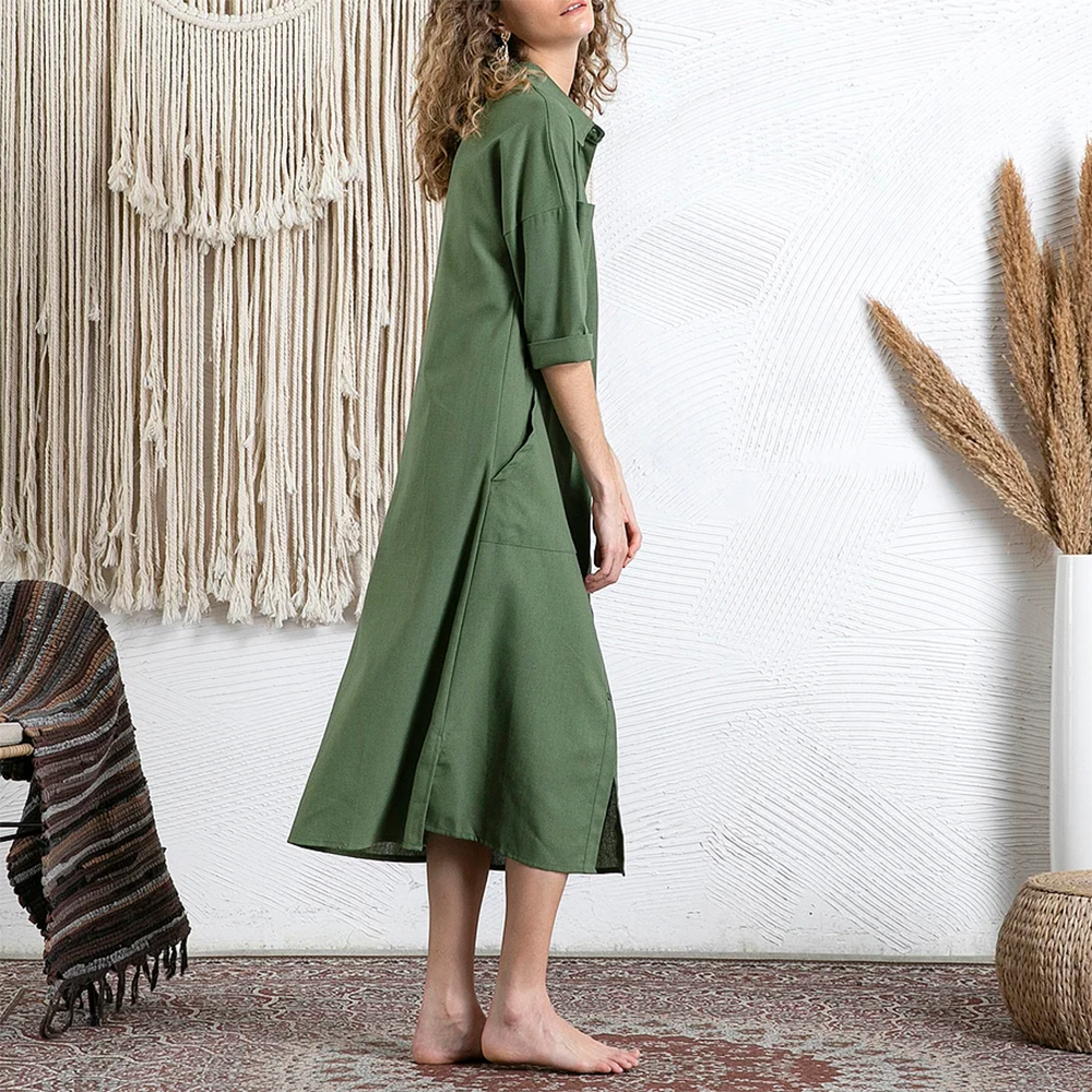 Casual Lapel Pocket Solid Color Split Shirt Dress
