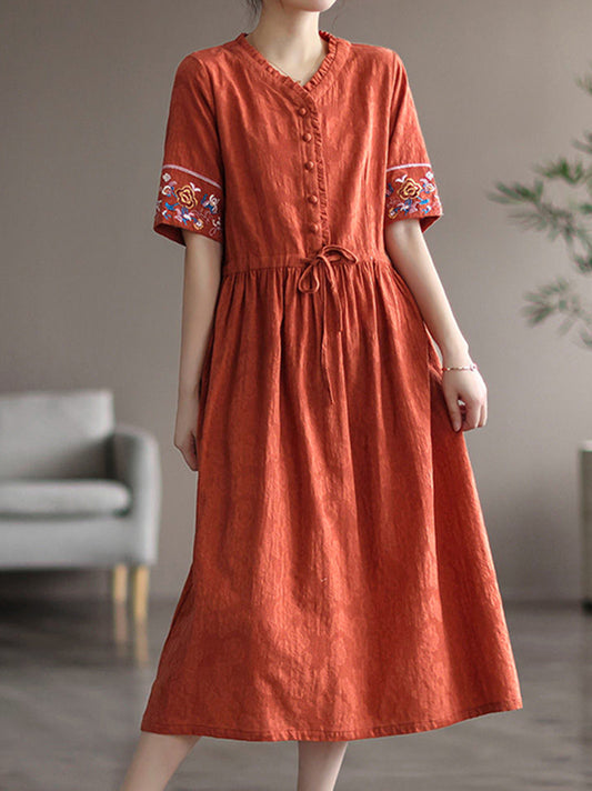 Embroidered Flower Half Sleeve Dress