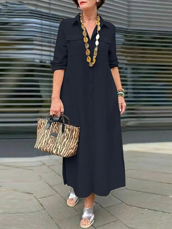 Elegant Solid Color Button Lapel Dress
