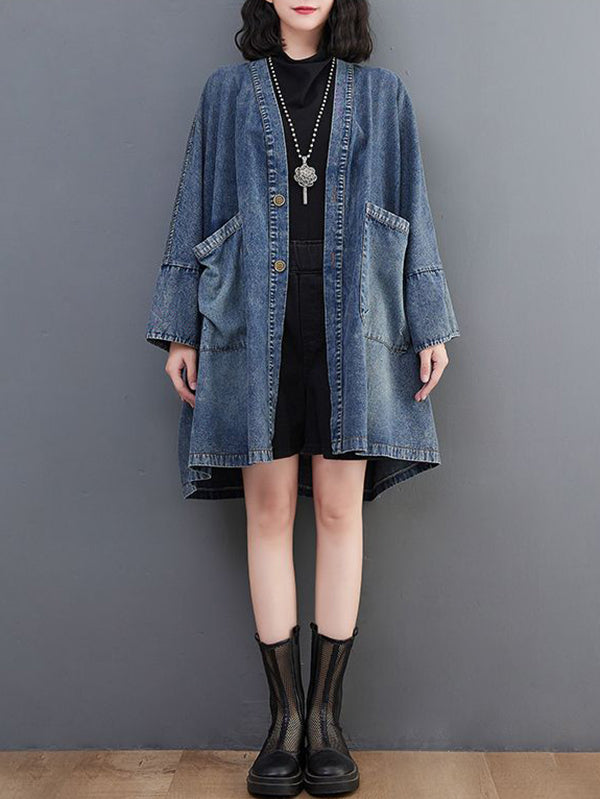 V-Neck Pocket Denim Trench Coat
