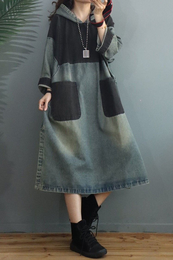 Color Block Denim Hooded Dress