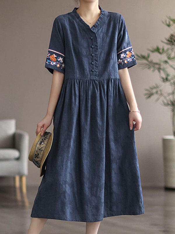 Embroidered Flower Half Sleeve Dress