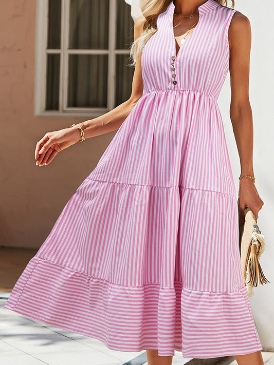 New Striped V-Neck Elastic Waist Dress