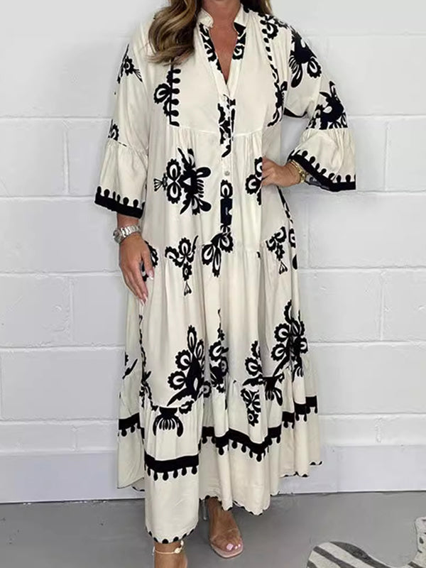 Elegant Printed Stand Collar Waist Dress