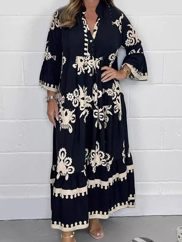 Elegant Printed Stand Collar Waist Dress
