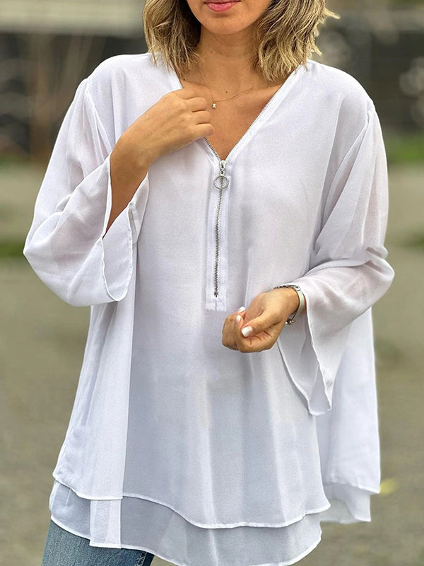 Thick Sole Double Chiffon Zip-Up Top