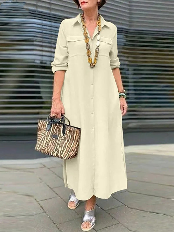 Elegant Solid Color Button Lapel Dress