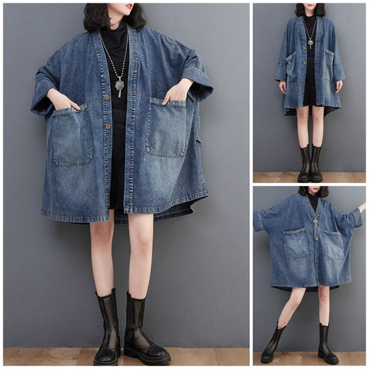 V-Neck Pocket Denim Trench Coat