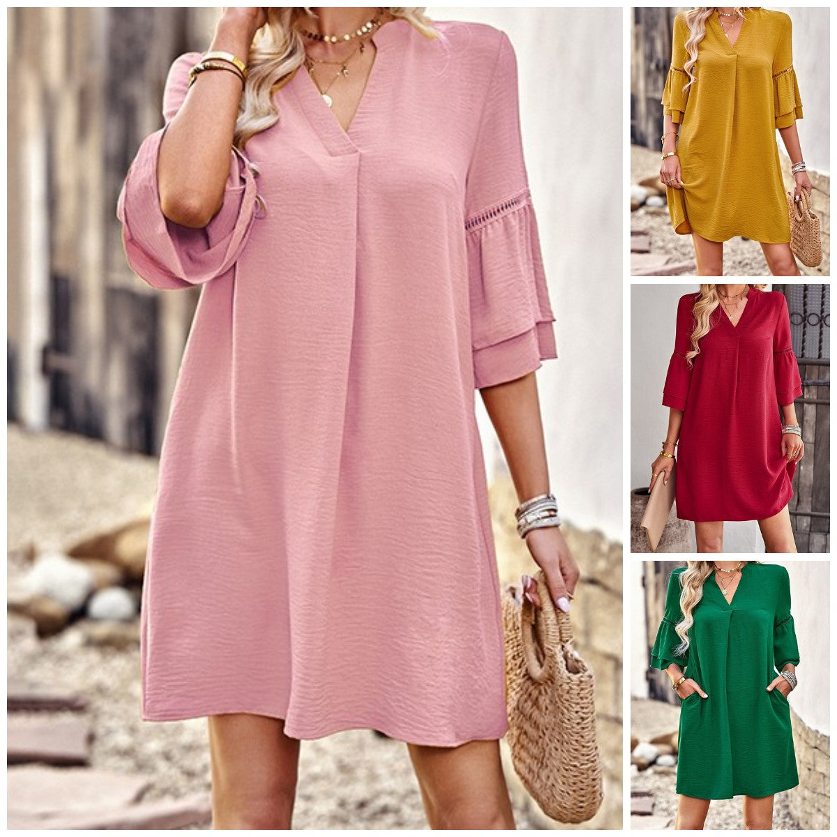 Elegant Solid Color Folded Sleeve Dress