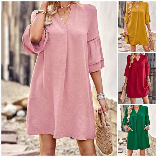 Elegant Solid Color Folded Sleeve Dress