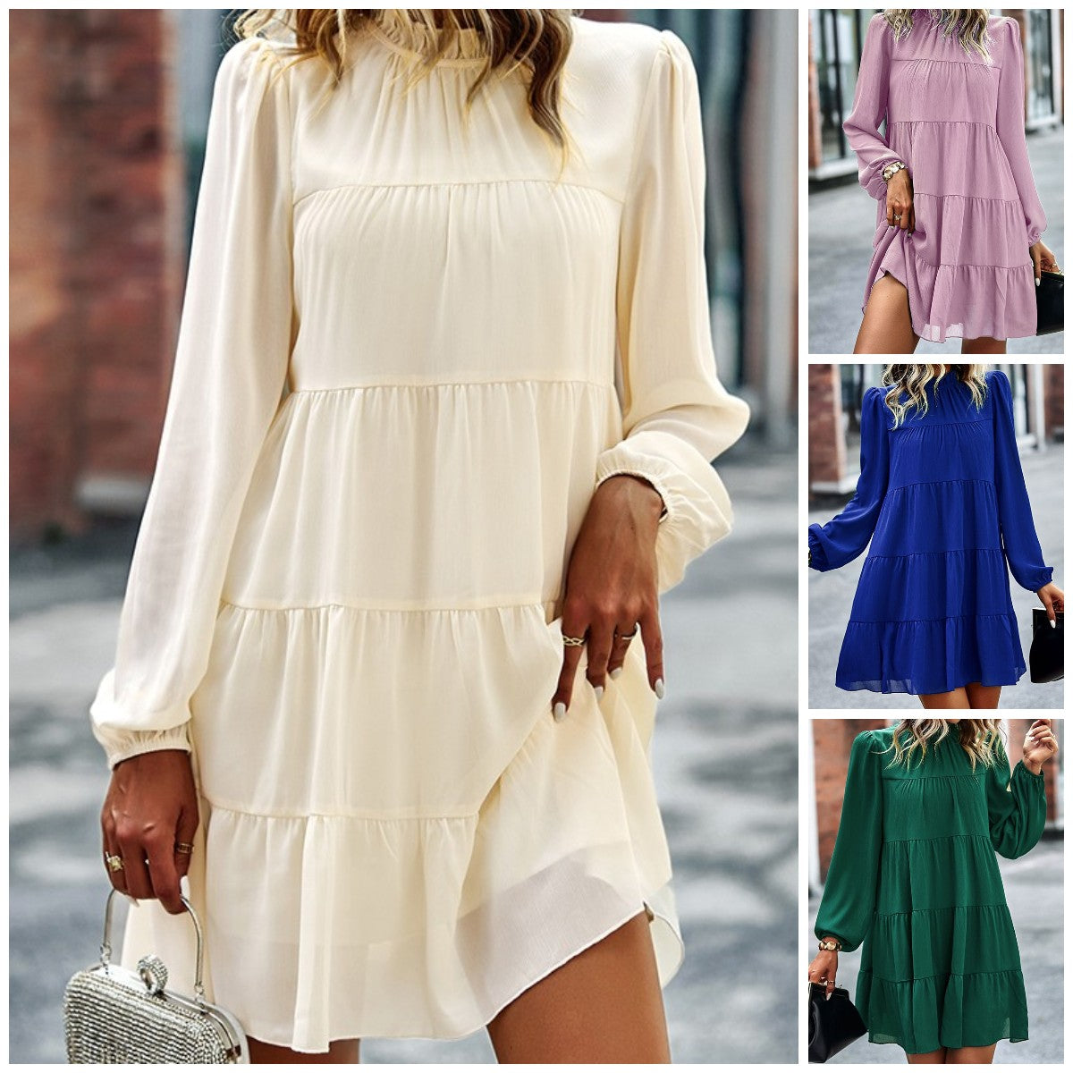 Casual Pleated Crew Neck Dress