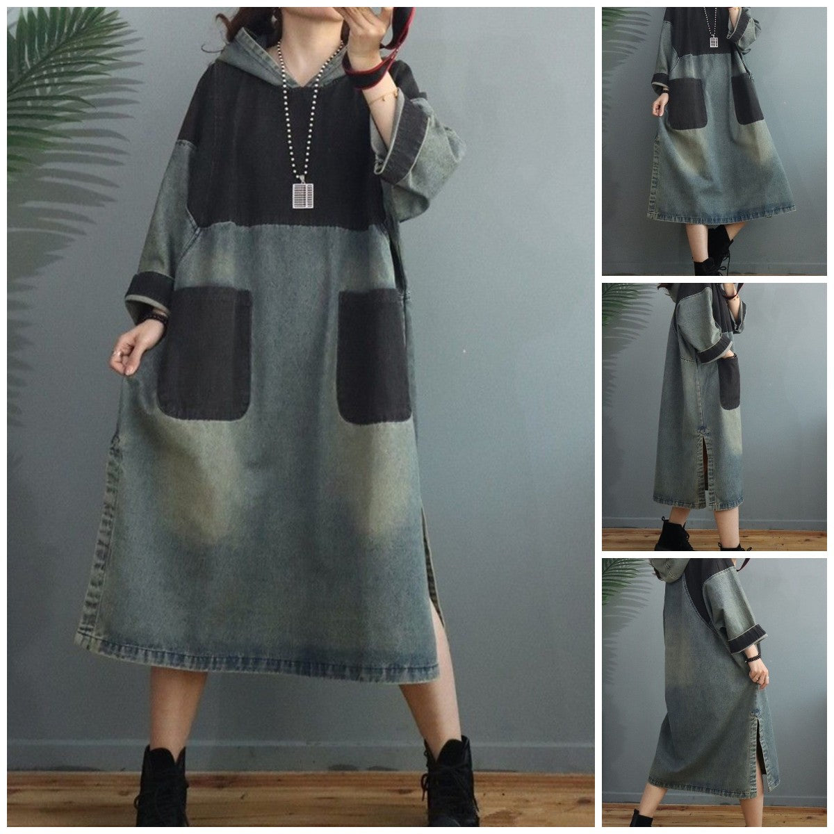 Color Block Denim Hooded Dress