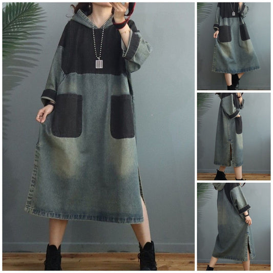 Color Block Denim Hooded Dress