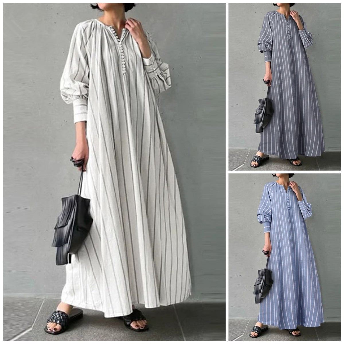 Striped Round Neck Long Sleeve Dress