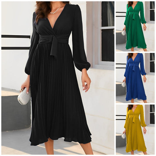 Long Sleeve Pleated V-Neck Dress