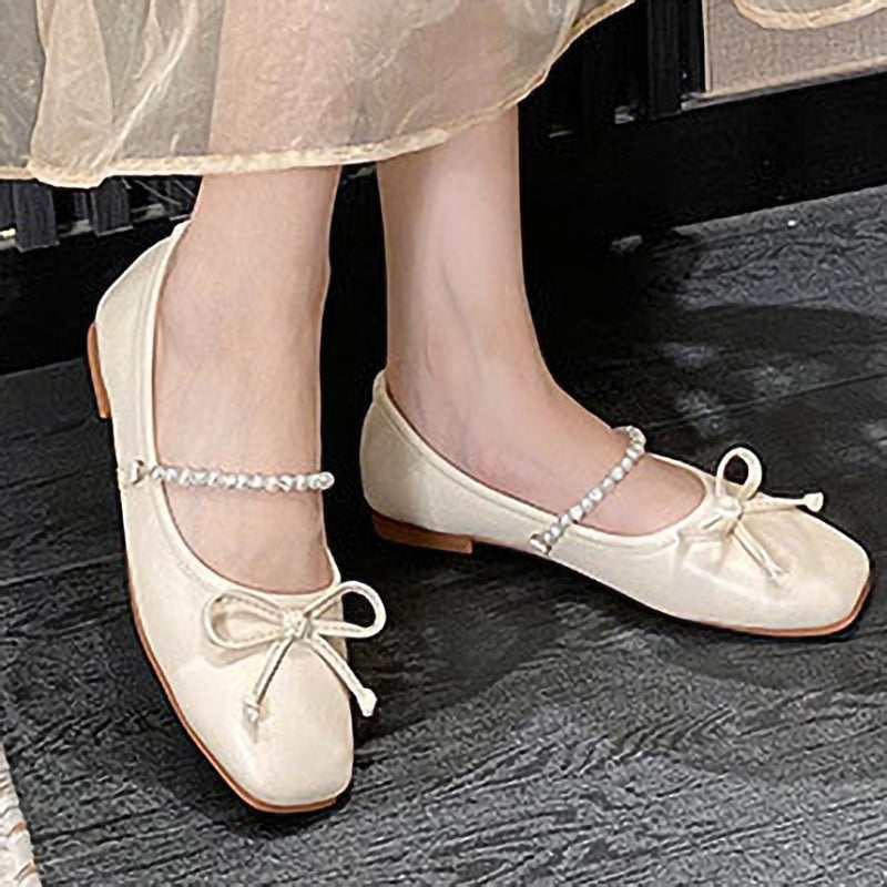 Square Toe Bow Pearl Rhinestone Chain Slip-On Shoes