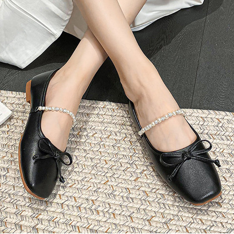Square Toe Bow Pearl Rhinestone Chain Slip-On Shoes