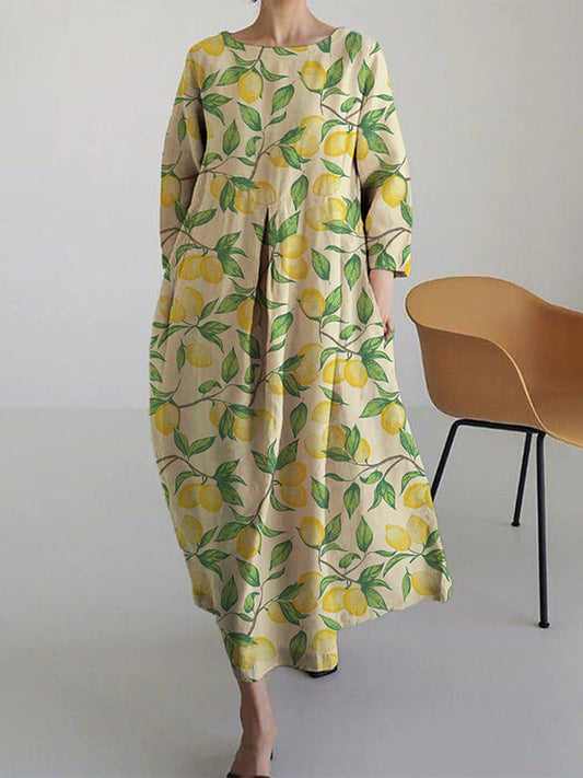 Lemon Green Leaves Women's Linen and Cotton Dress