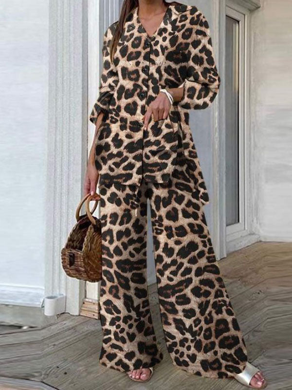 Fashionable Leopard Print Ladies Two Piece Suit