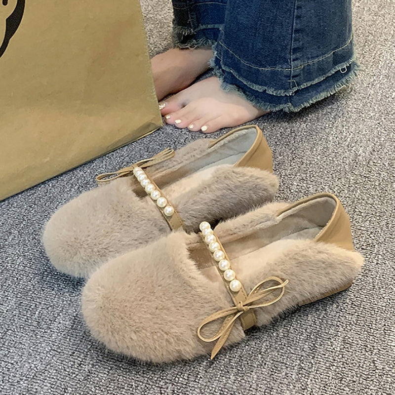 Plush Pearl Bow Round Toe Slip-On Shoes