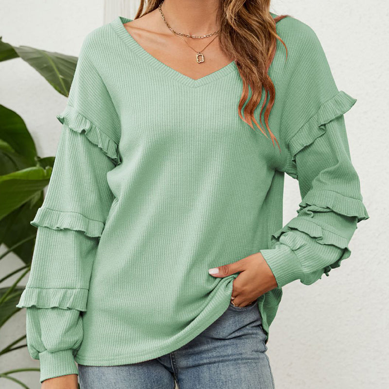 V-Neck Ruffled Balloon Sleeve Top