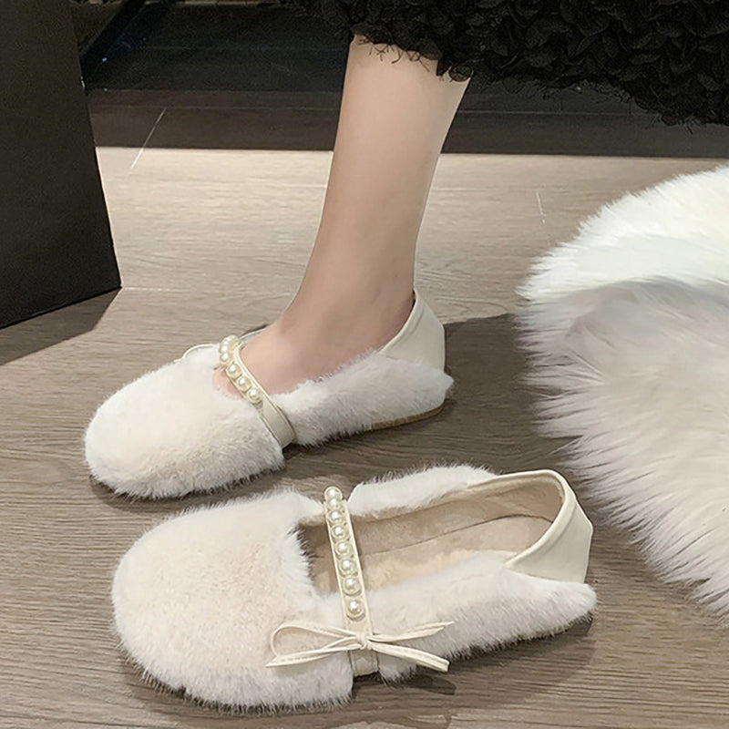 Plush Pearl Bow Round Toe Slip-On Shoes