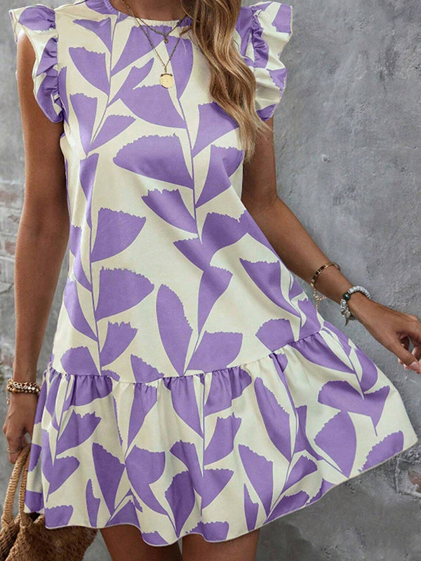New Style Ruffle Sleeve Printed Elegant Dress