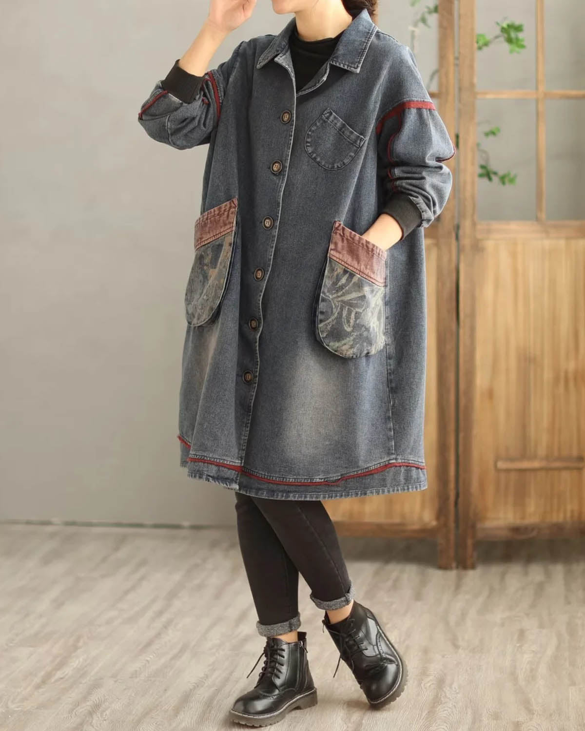 V-Neck Denim Trench Coat