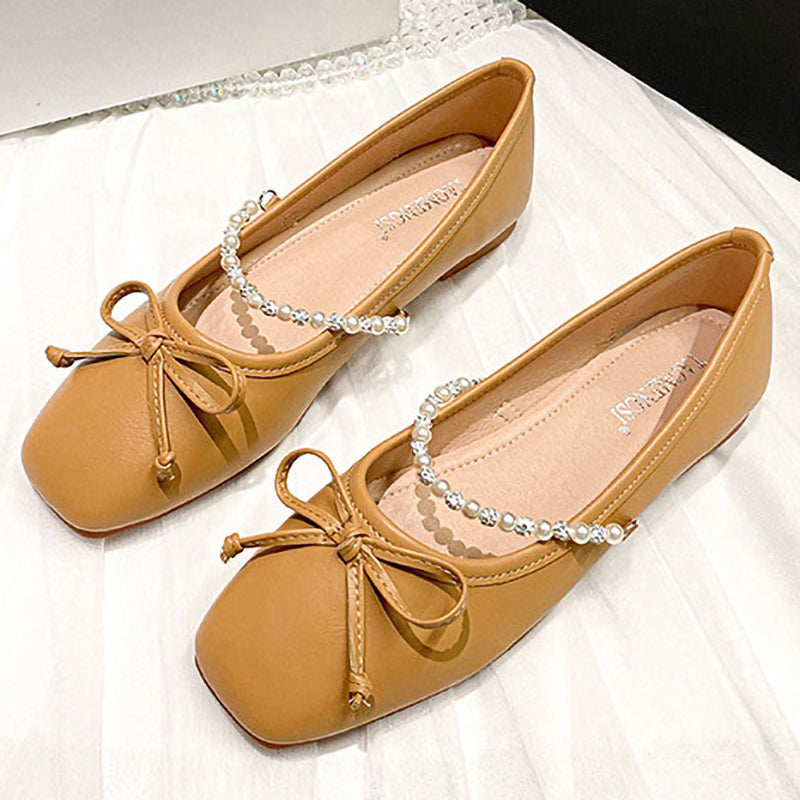 Square Toe Bow Pearl Rhinestone Chain Slip-On Shoes
