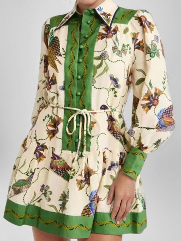 New Lace-up Printed Lapel Pleated Dress