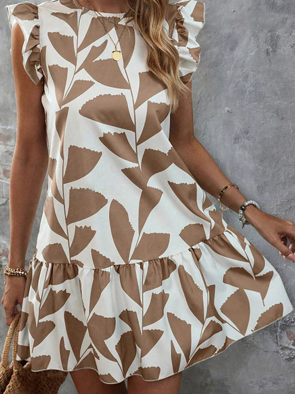New Style Ruffle Sleeve Printed Elegant Dress