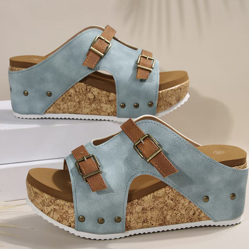 Buckle Strap Light Foam Thick Sole Wedge Heel Slippers