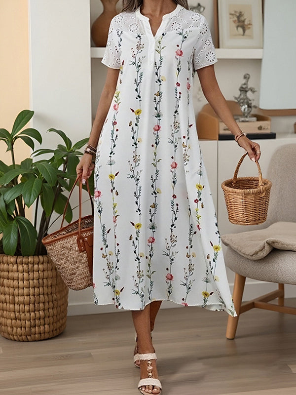 Printed Short-Sleeved Casual Long Dress
