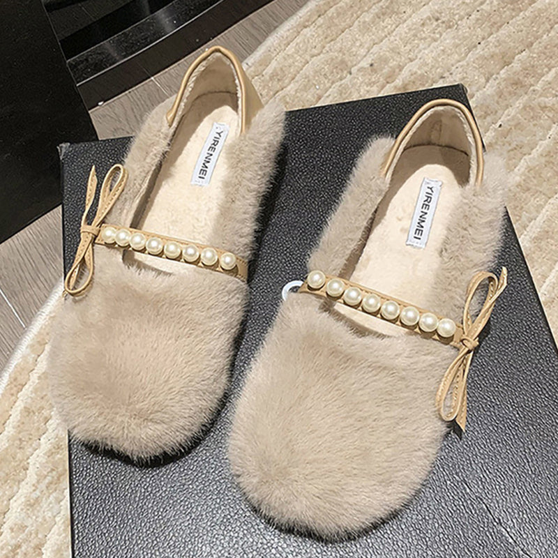 Plush Pearl Bow Round Toe Slip-On Shoes