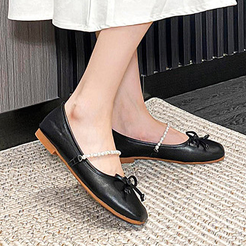 Square Toe Bow Pearl Rhinestone Chain Slip-On Shoes