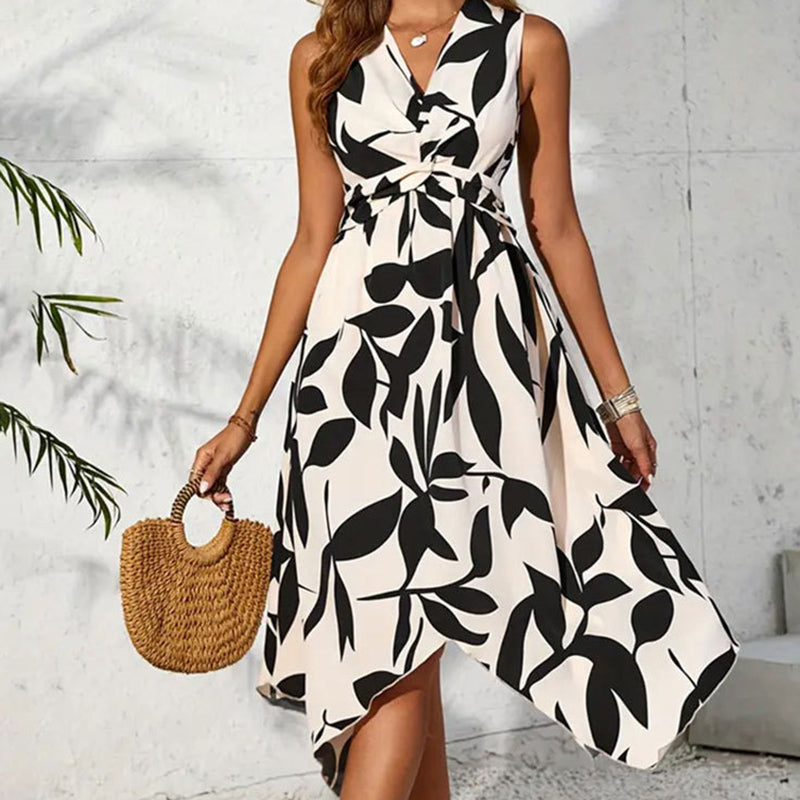 New Leaf Print Lace-Up Women'S Dress