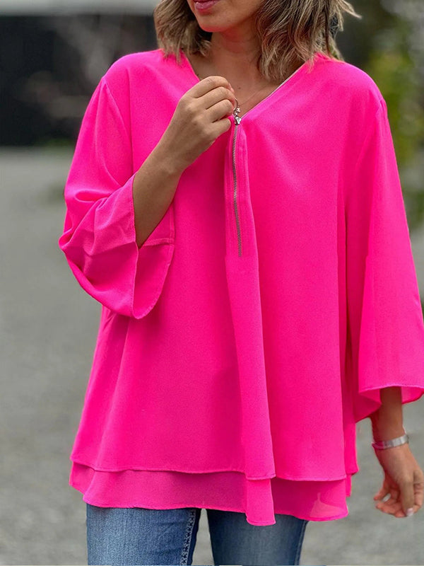 Thick Sole Double Chiffon Zip-Up Top