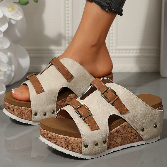 Buckle Strap Light Foam Thick Sole Wedge Heel Slippers
