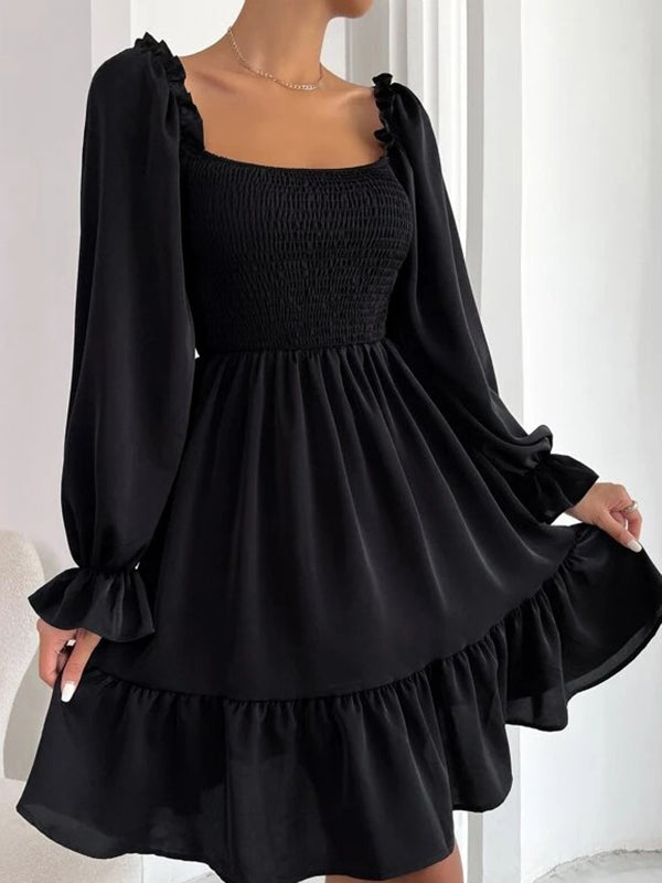 Square Neck Shirred Ruffle Hem Dress